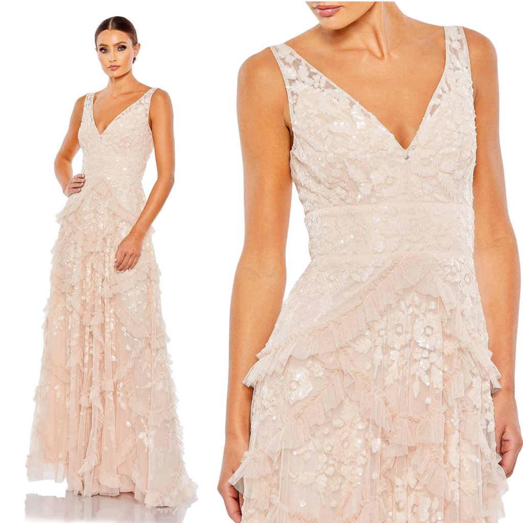 Mac Duggal | Sequined Scallop Ruffle Tiered V Neck Gown #9162